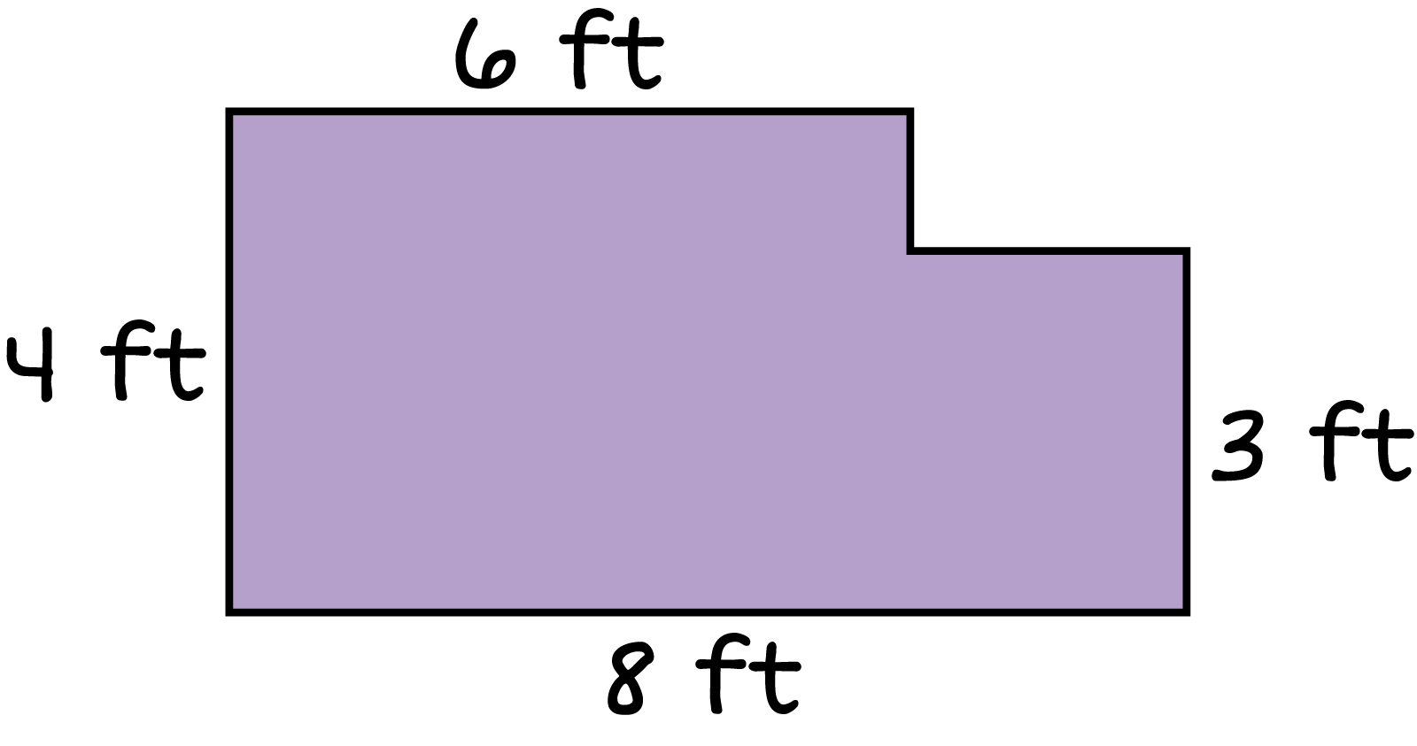 The area of the chicken enclosure the left width is 4 feet, the top lenght is 6 feet. The right width is 3 feet. The bottom width is 8 feet.