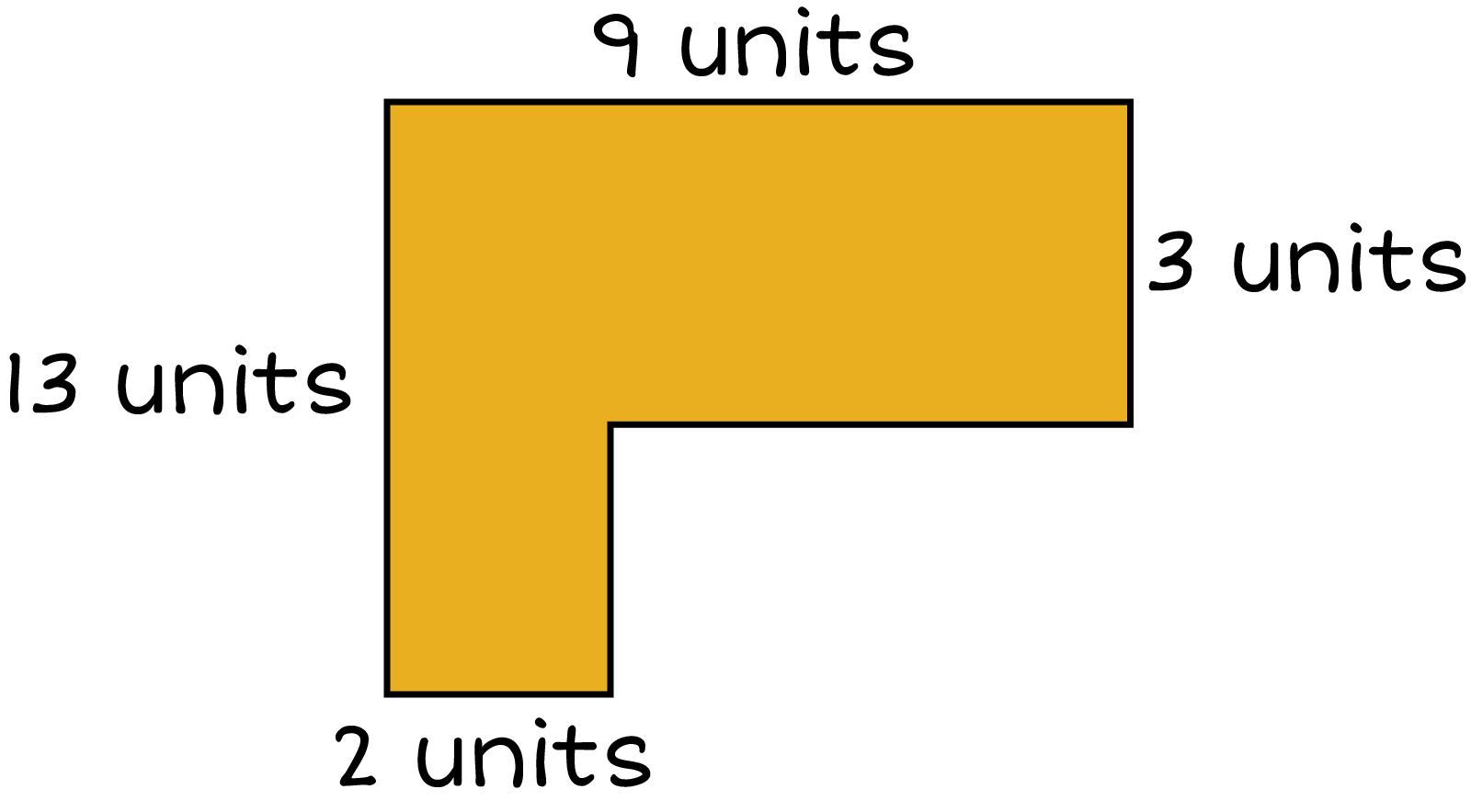 The area of the corner desk The left width is 13 units the top length is 9 units the right width is 3 units and the bottom length is 2 units.