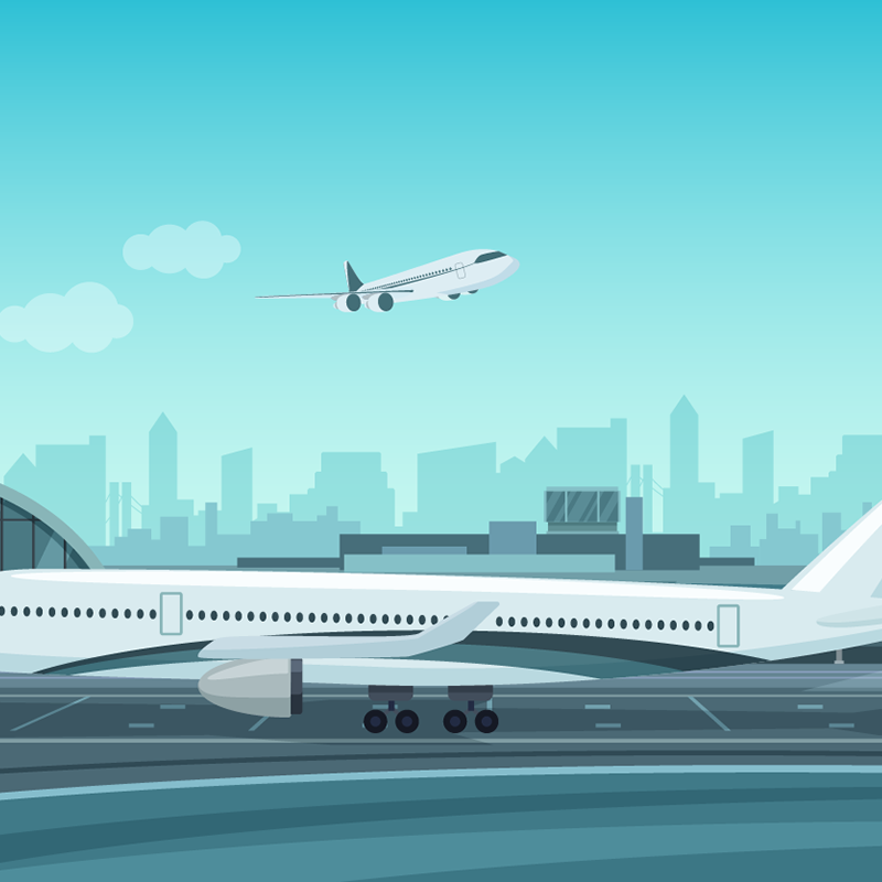 Airplanes at the airport, sitting on the runway.