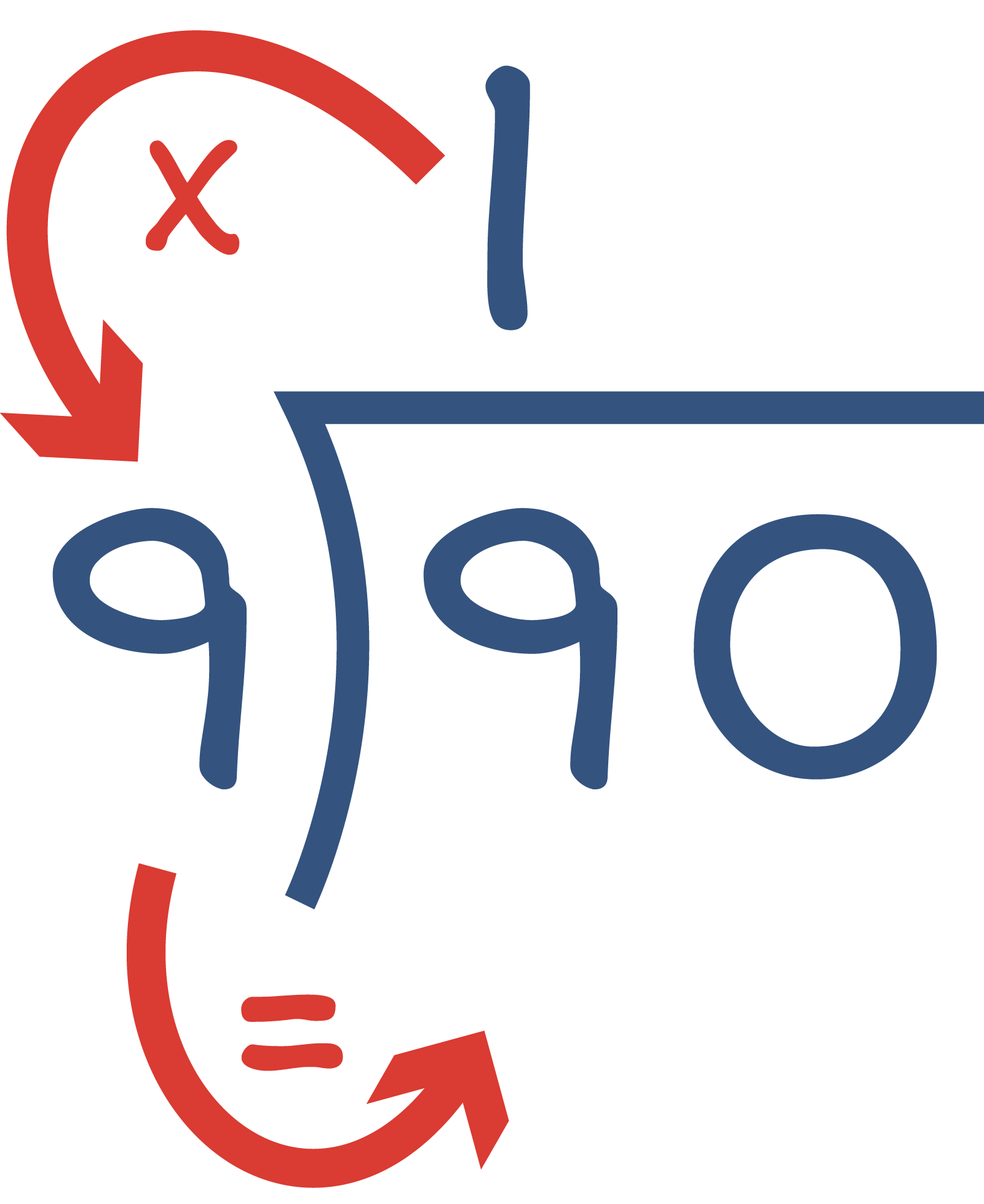 90 divided by 9. 9 times 1 equals 9. 