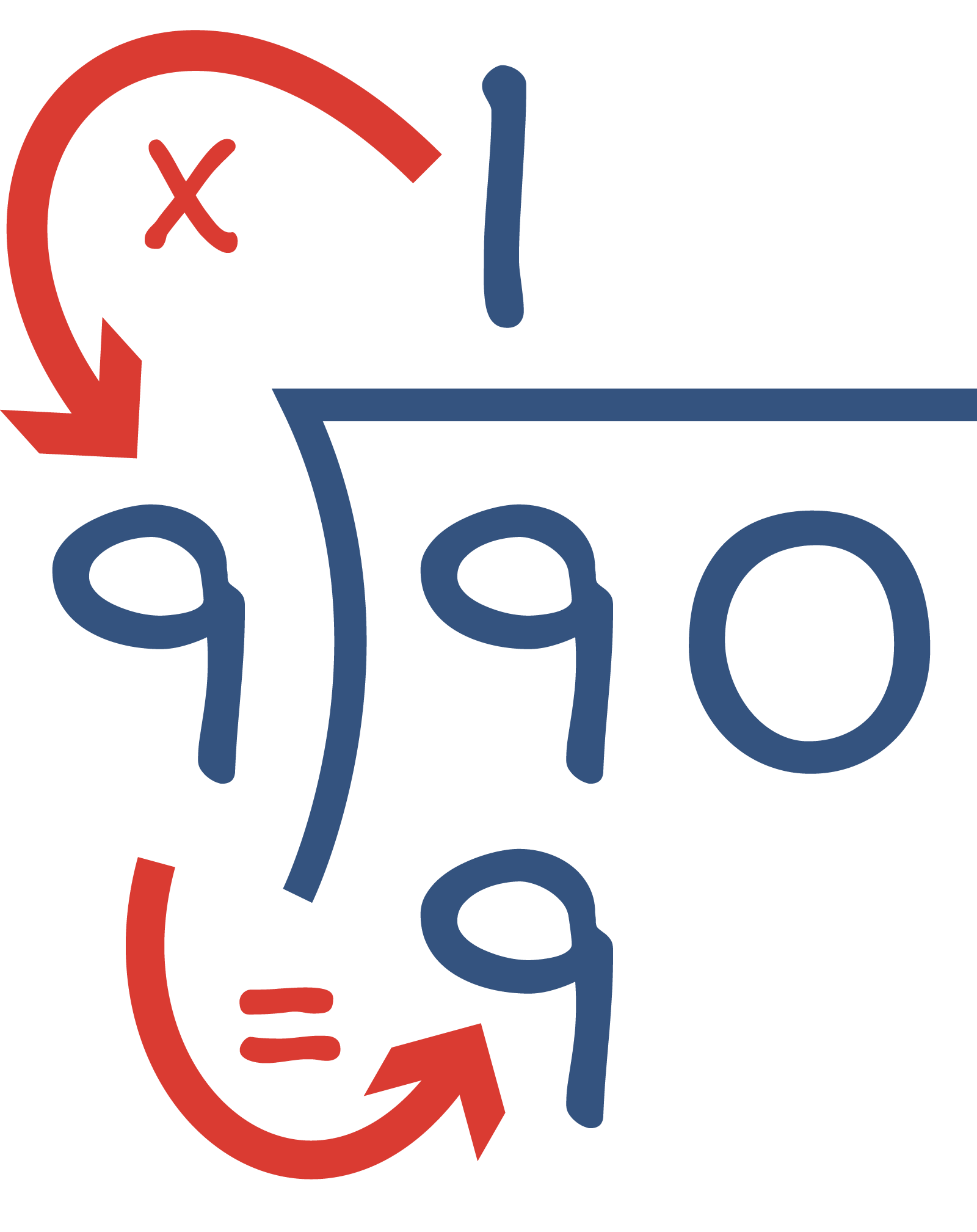 90 divided by 9. 9 times 1 equals 9. The nine is placed in the tens place under the 9. 