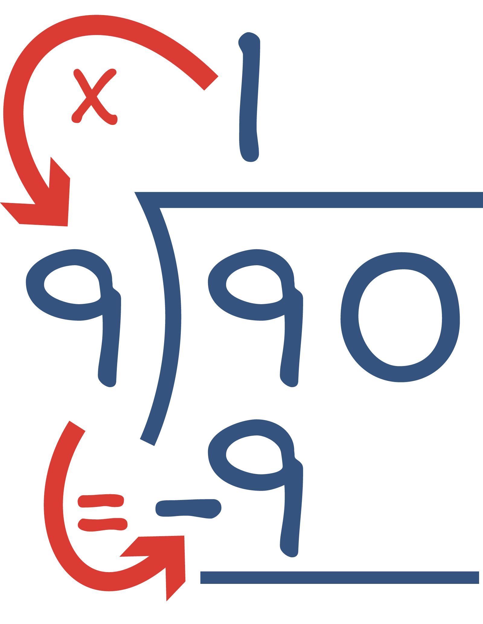 90 divided by 9. 9 times 1 equals 9, 9 minus 9. 