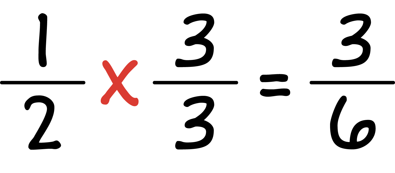 one half times 3 thirds, equals 3 sixths.