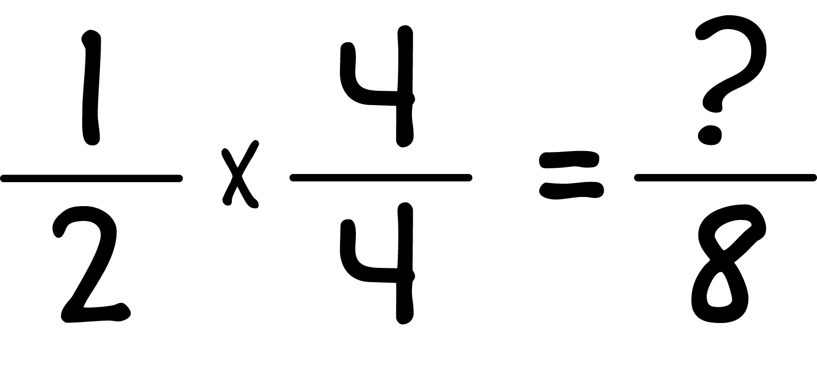 1 half, times 4 fourths equals  missing number over eighths.