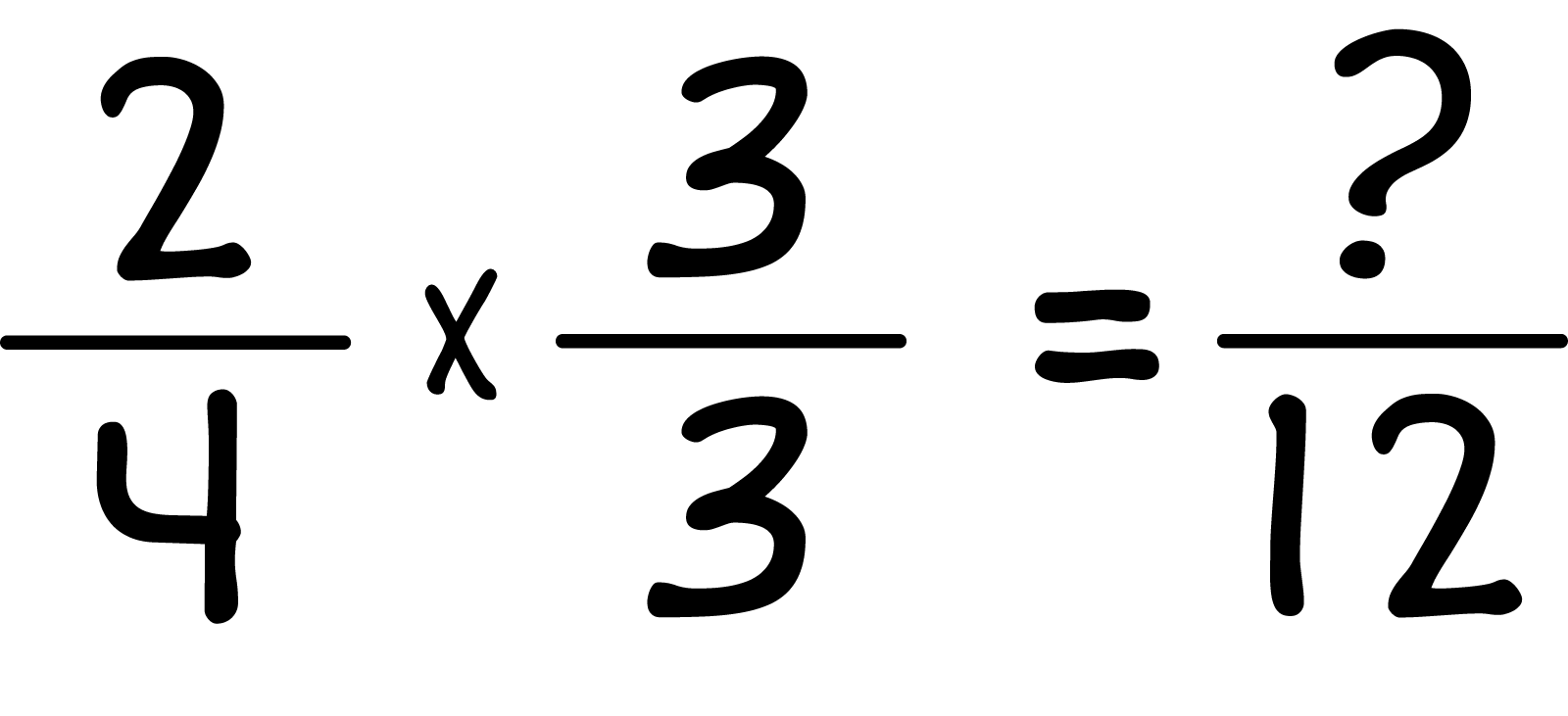 2 fourths, times 3 thirds equals missing number over twelths.