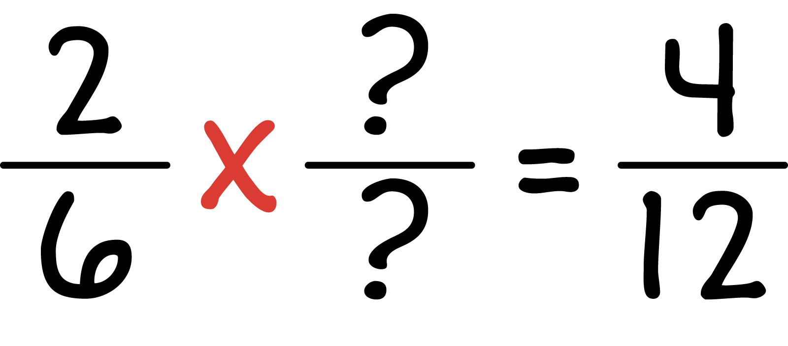 2 sixths times missing number over missing number equals 4 twelths.