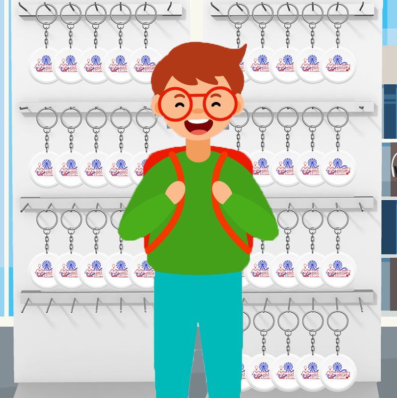 Logan at the key chain display.