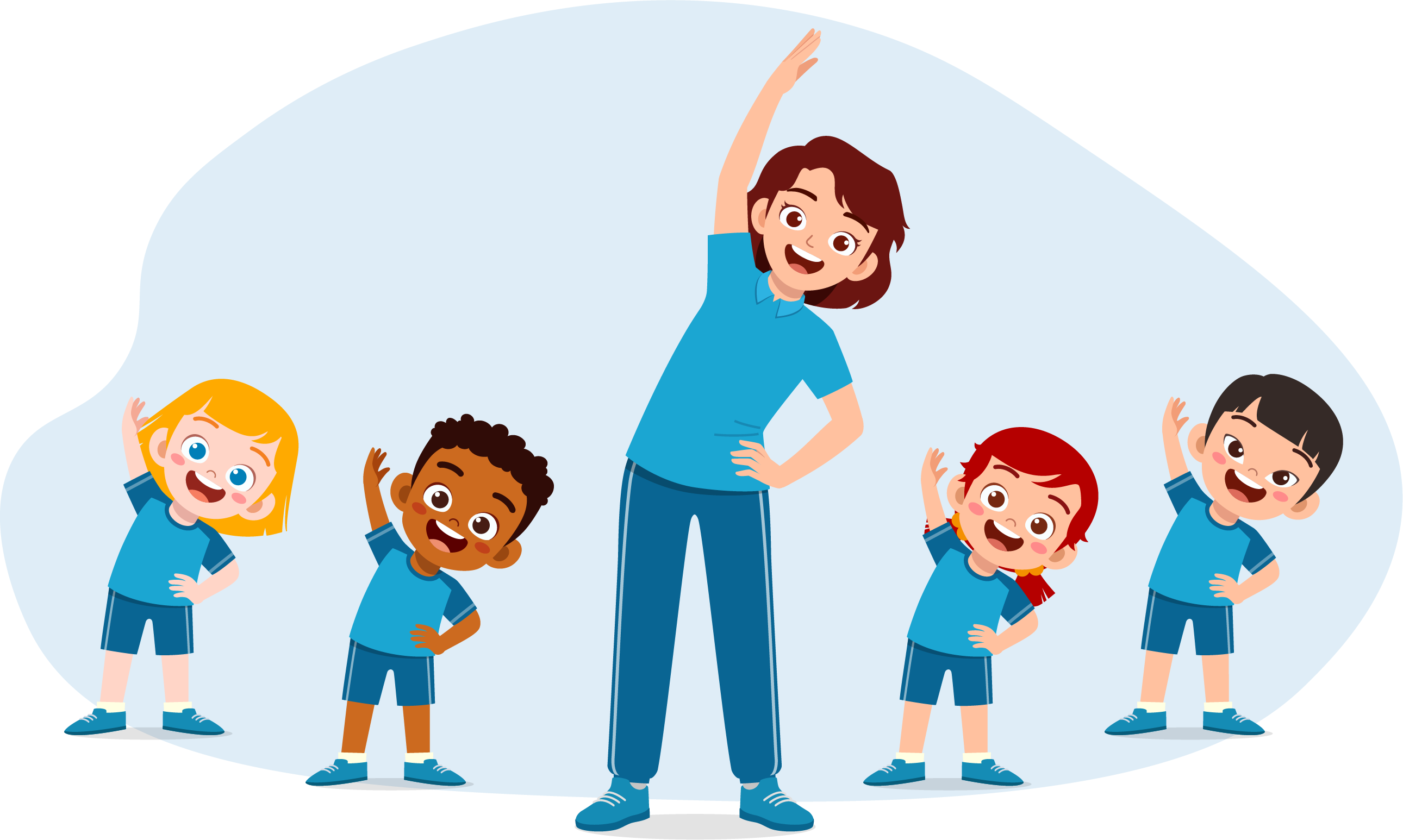 adult and 4 kids stretching overhead