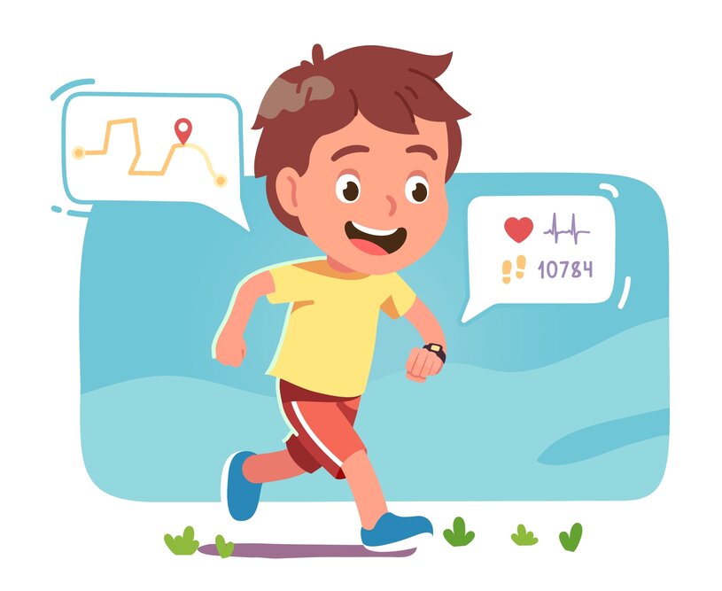 boy walking with smartwatch showing map, steps and health vital signs