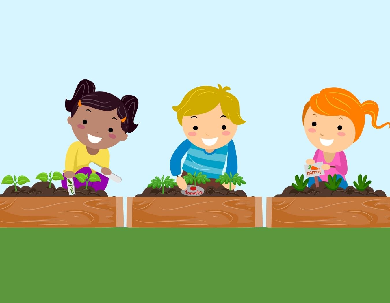 Kids Placing Plant Markers in the Garden.