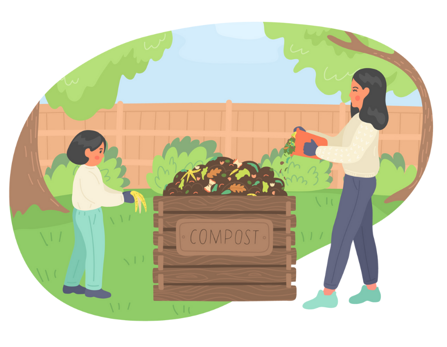 Girl and woman making compost outdoors in the garden. Recycling concept.