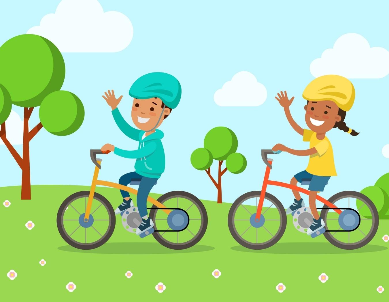 Happy children riding bicycle at park forest.