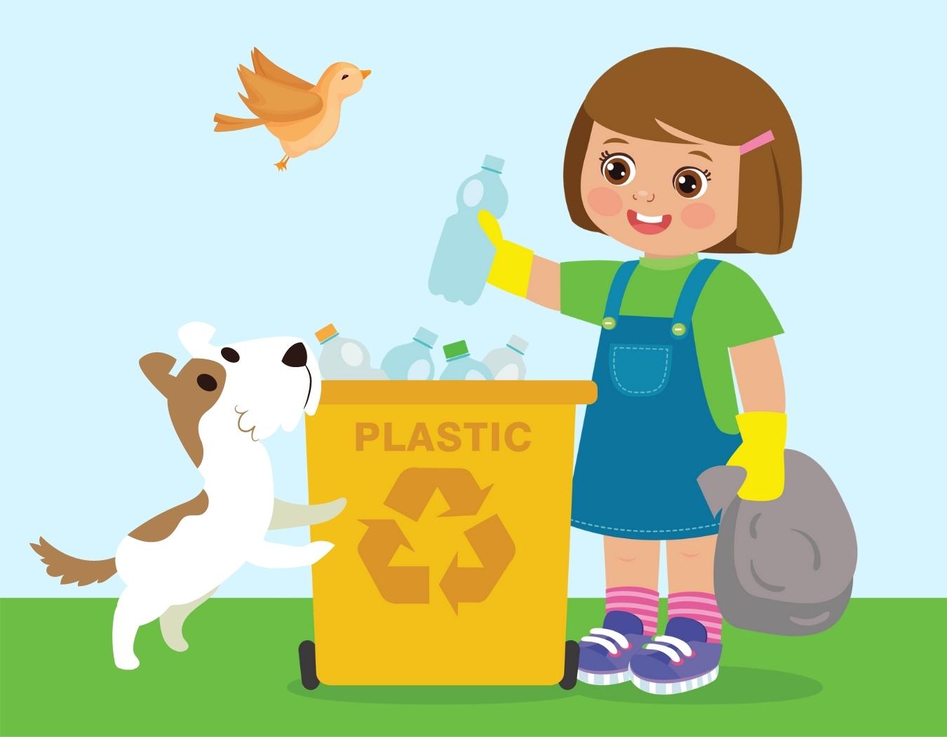 Young Girl Throwing Plastic Bottles In Recycle Bin. Waste Recycling.