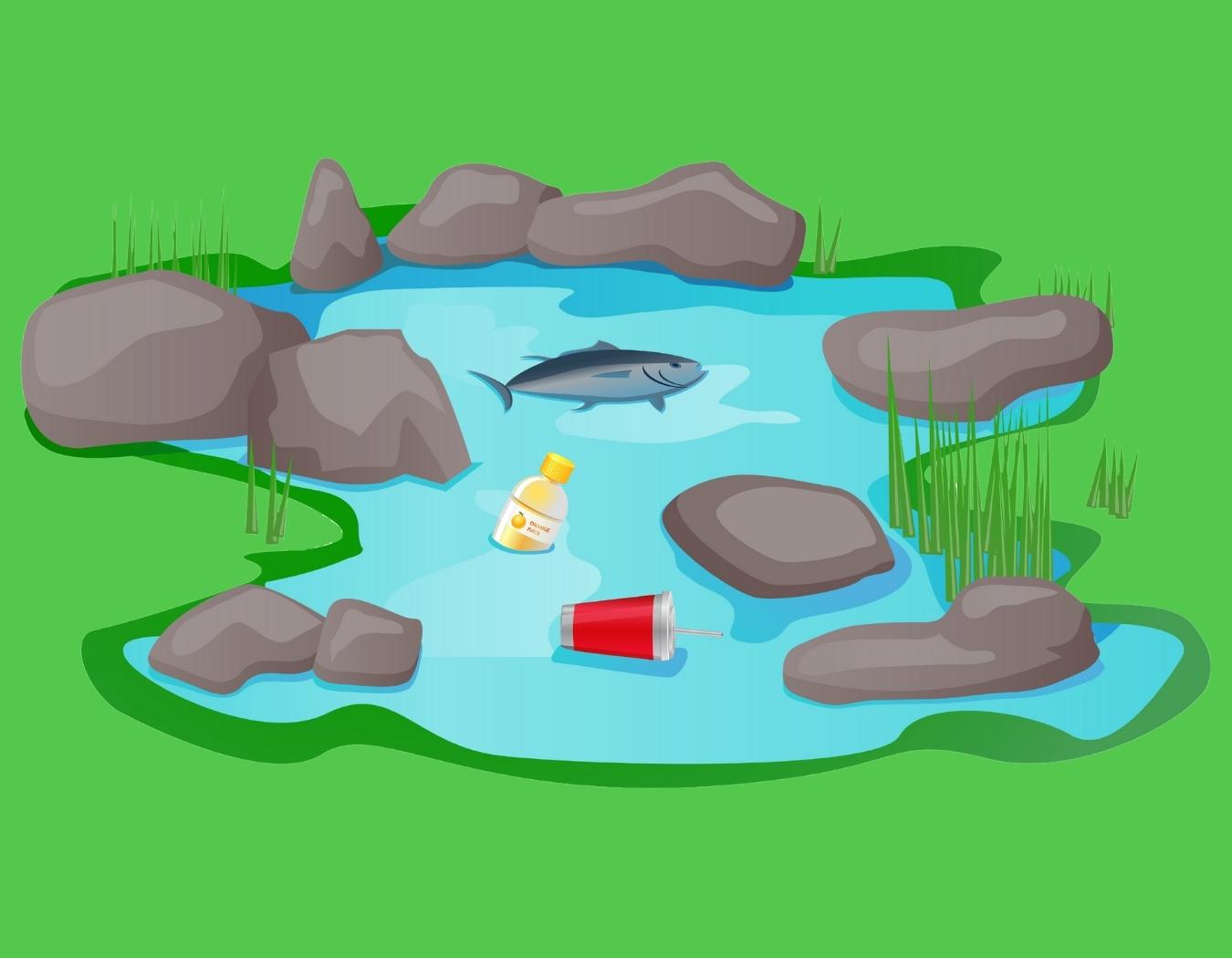 Throwing garbage in a pond. Polluted pond 