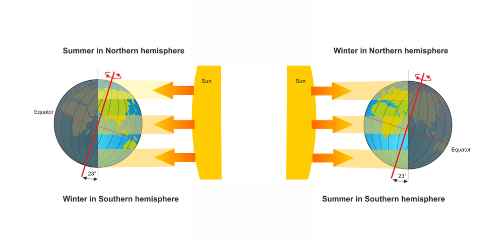 Seasons of earth. Position of the globe in winter, spring, summer and fall.