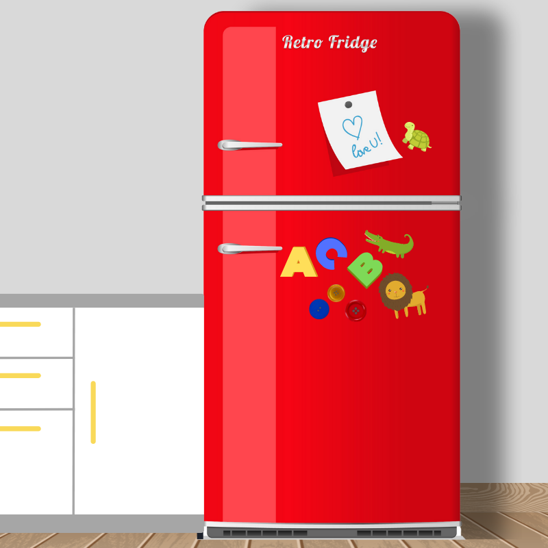 red refrigerator with several magnets