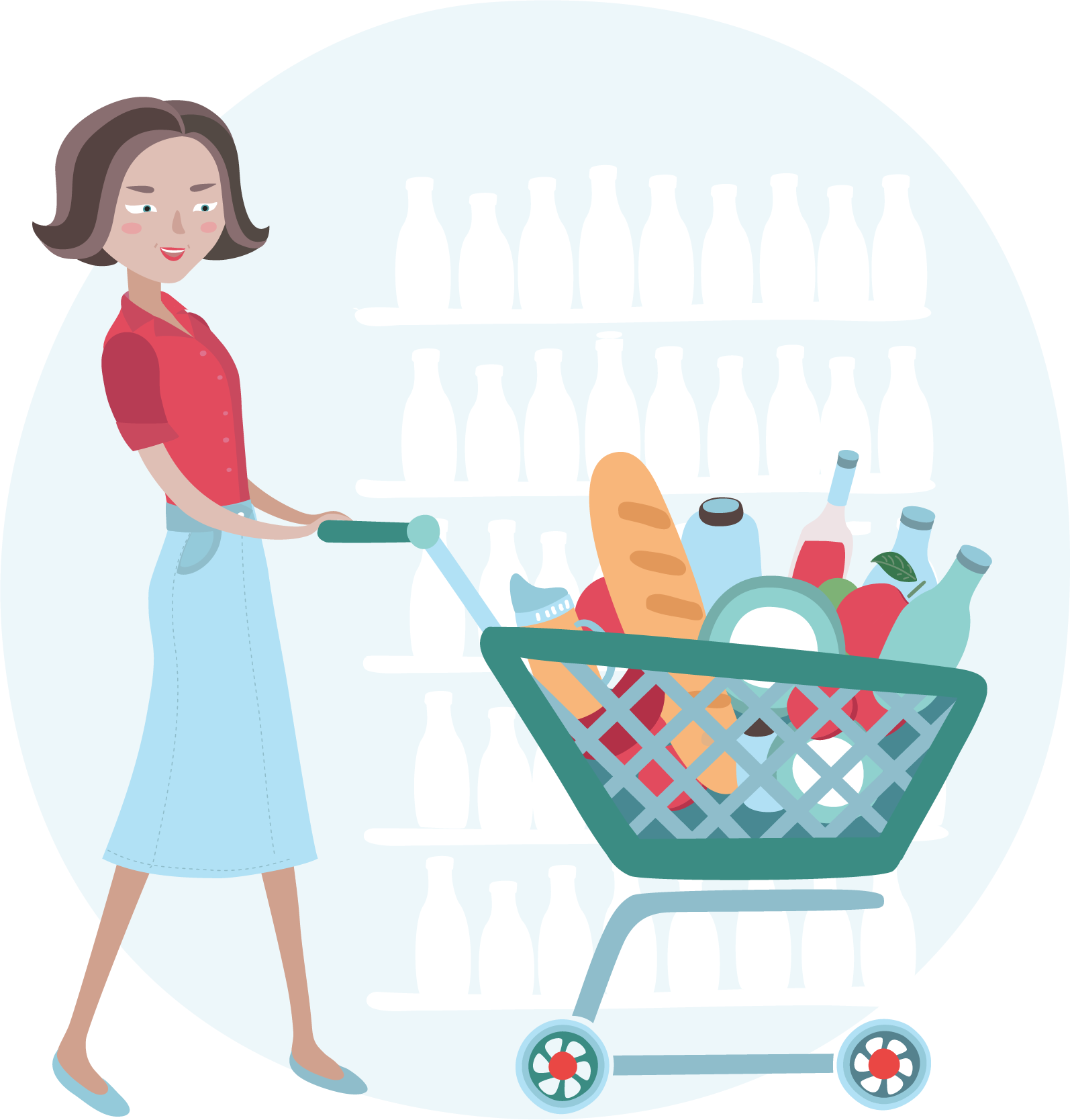 graphic of a woman pushing a shopping cart of groceries