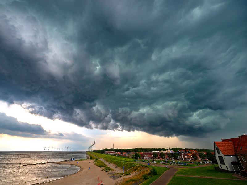 storm clouds over a beach town.