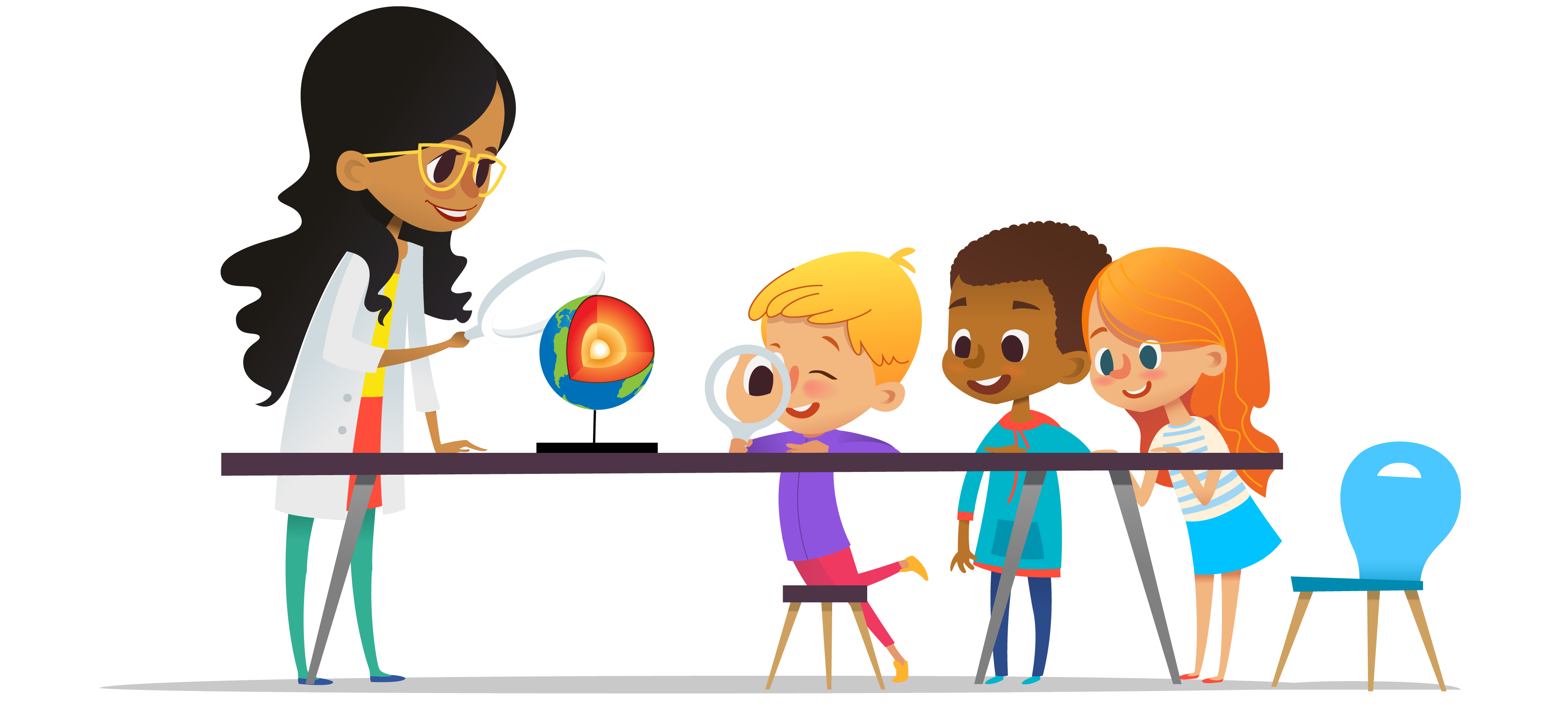 Teacher and students studying a figure of the earth and its layers.