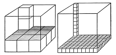 Two large cubes containing different sizes of smaller unit cubes to demonstrate volume.