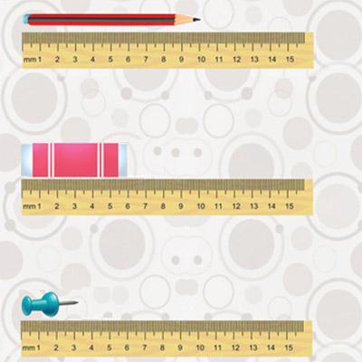 Three objects placed above metric rulers: a pencil measuring 10 cm, an eraser at 6 cm, and a pushpin at 2 cm.