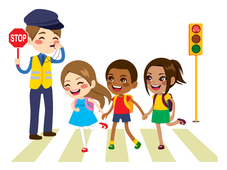 Crossing guard helping some kids cross the street.