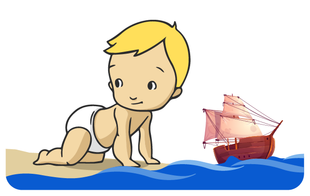 A giant baby crawling on the beach.