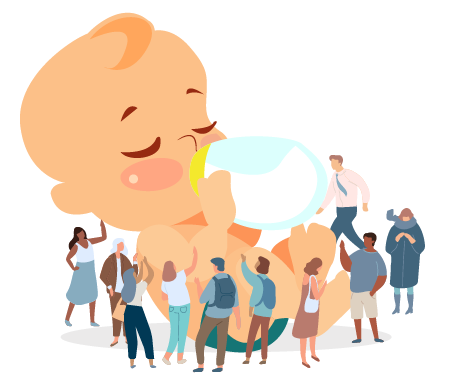 People standing around a giant baby trying to get it to burp.