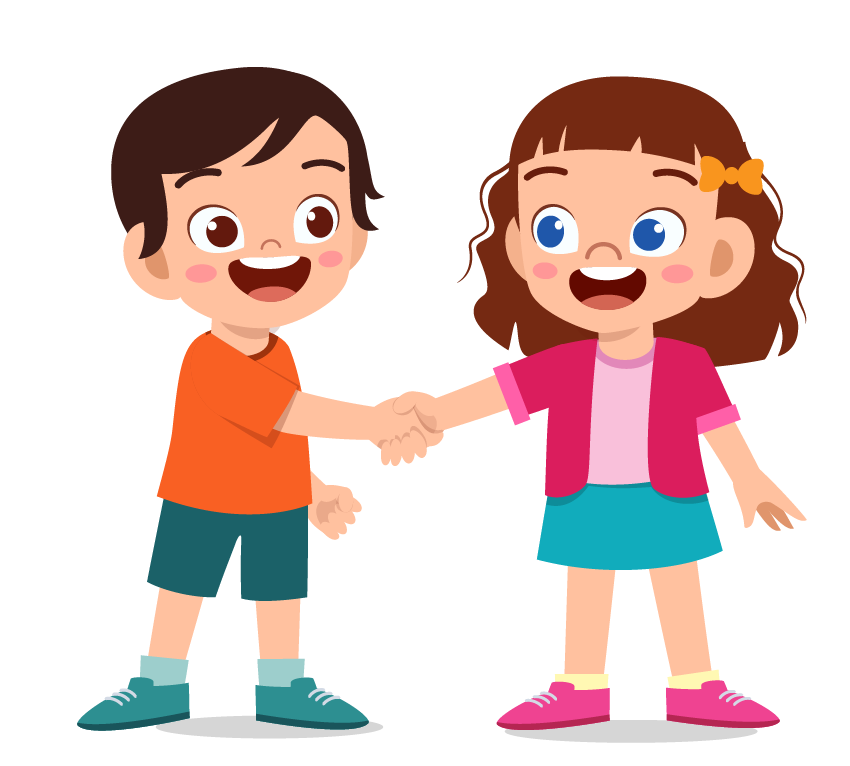 Two kids shaking hands in agreement.