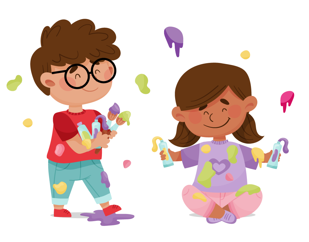 Two kids making a mess while painting.