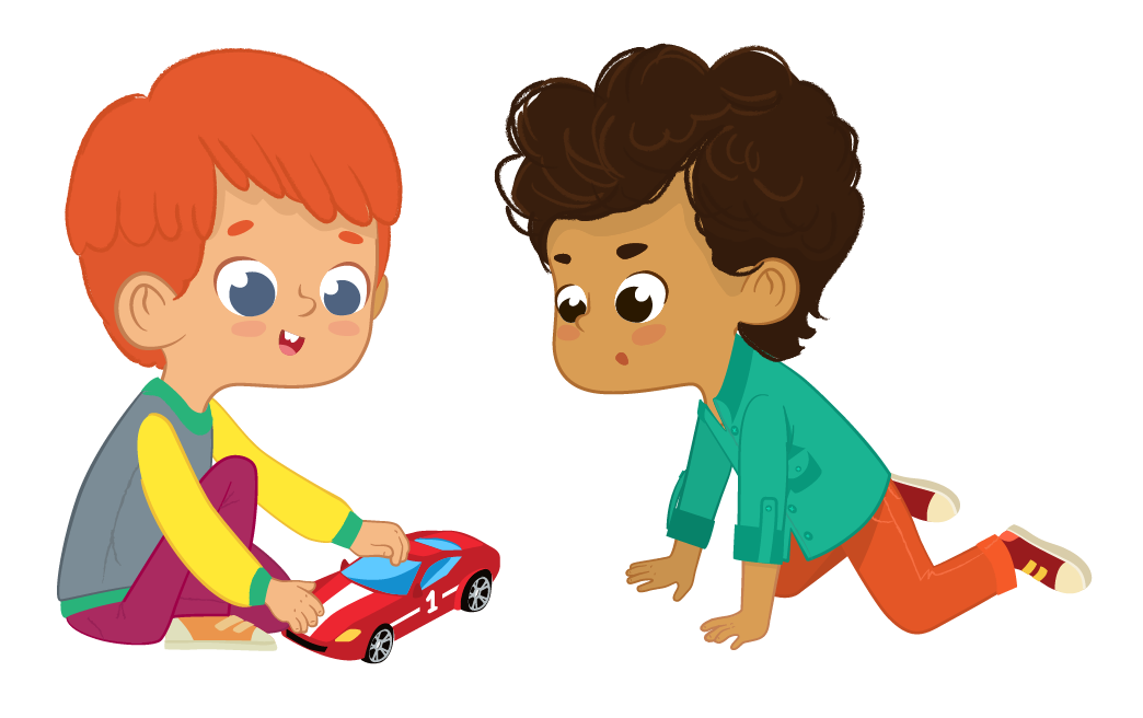 Kid playing with their toy car while another kid is looking.