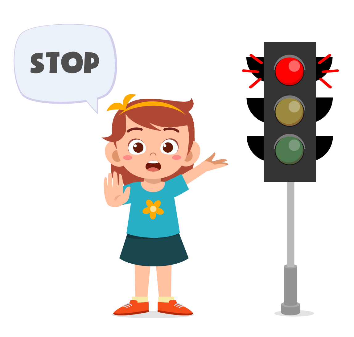 Kid saying stop with a traffic light that’s on red.