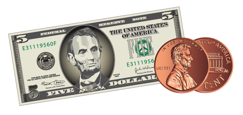 A five dollar bill and two pennies that have Abraham Lincoln on them.