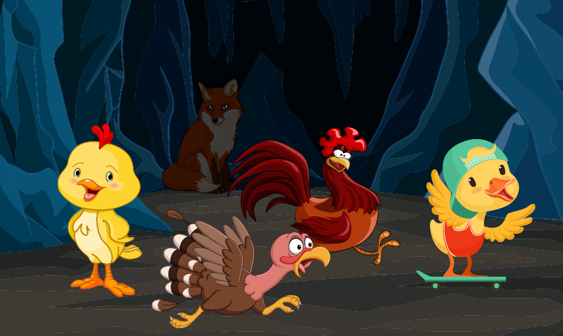 Chicken Little, Henny Penny, Turkey Lurkey, and Dizzy Ducky escaping Foxy Loxy’s cave.
