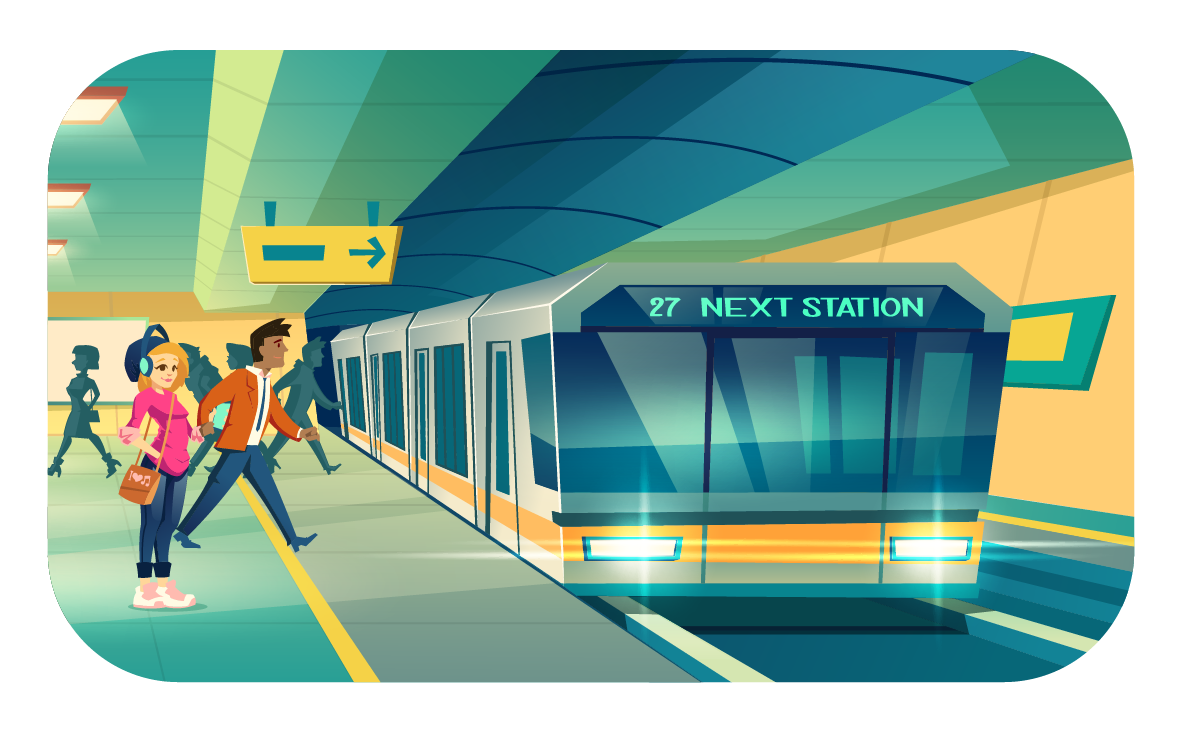 People getting on a subway train.