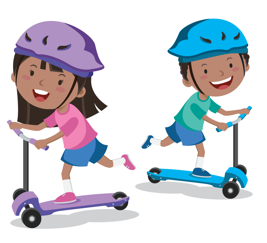 Kids riding on scooters.
