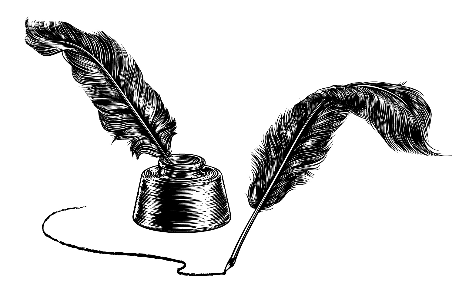 An old feather quill pen writing and sitting in it’s ink well.