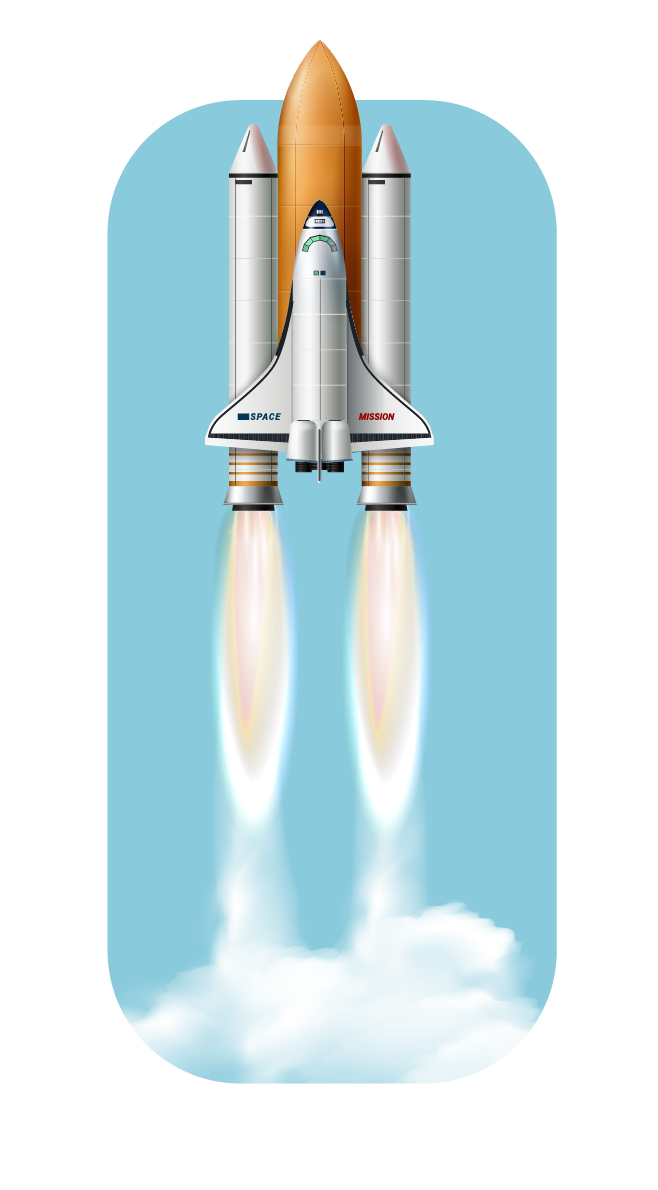 A rocket ship taking off into the sky.