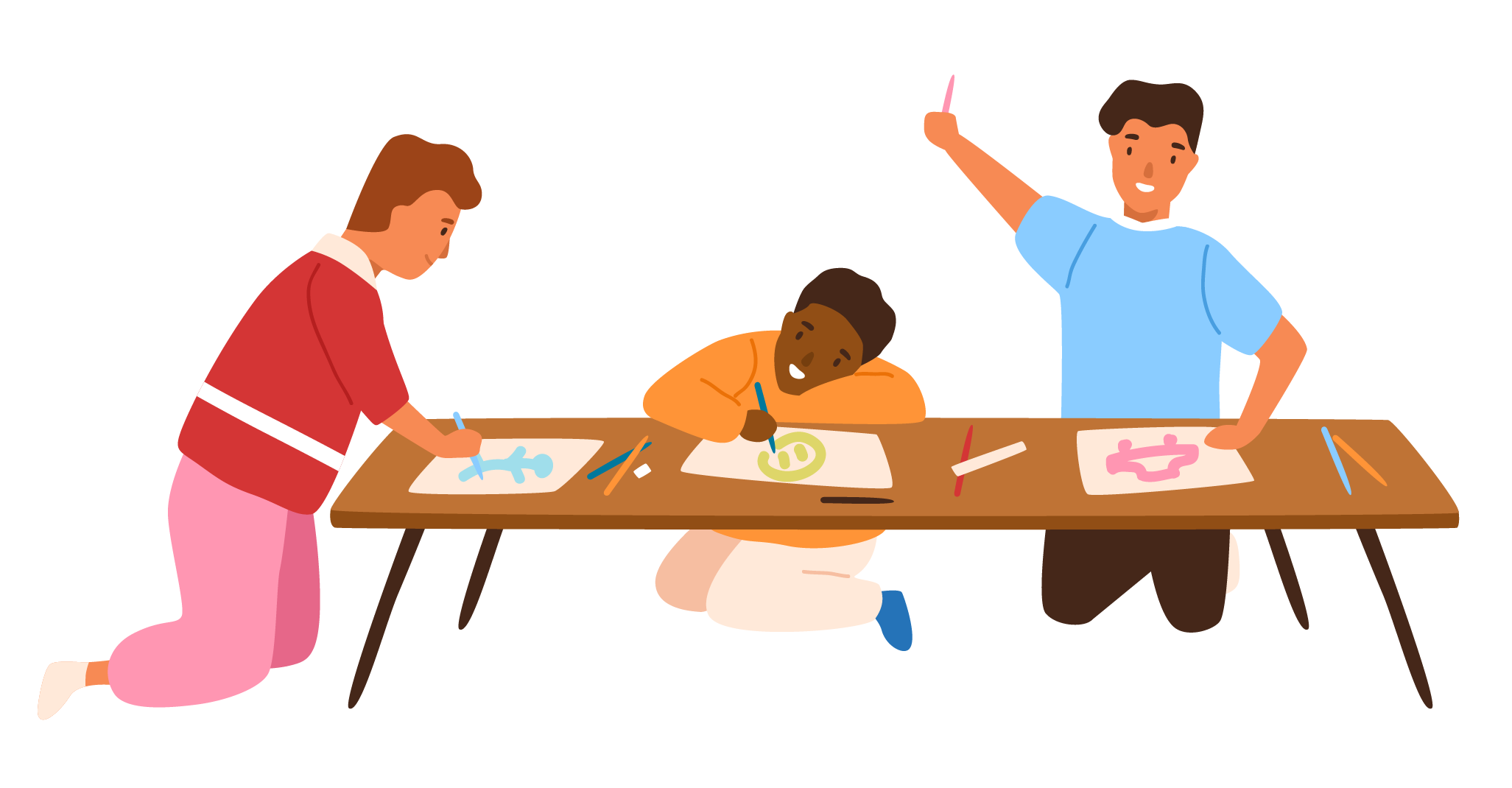 Kids drawing with markers on pieces of paper.