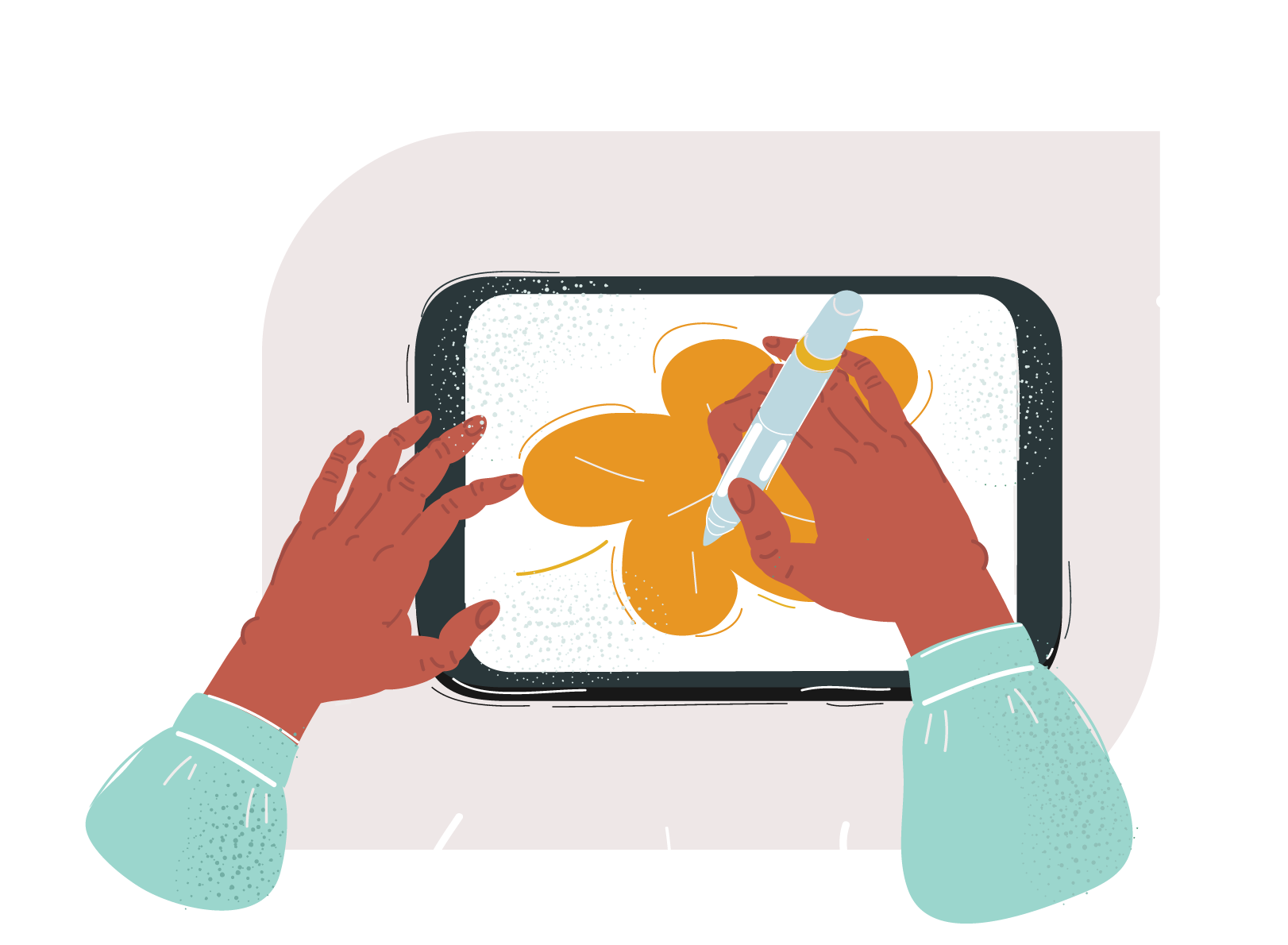 Hands drawing on a tablet.