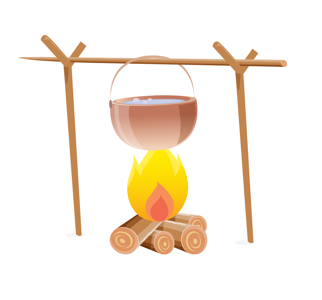 A cooking pot hanging on sticks over a fire.