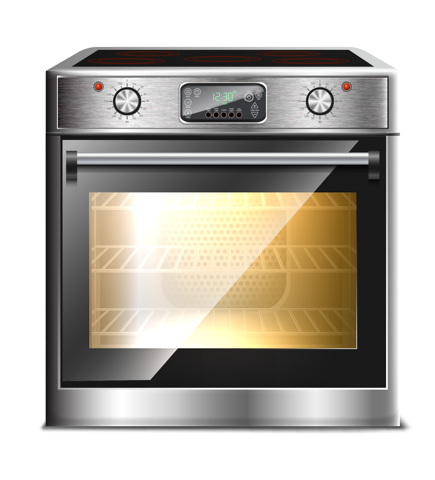 An oven with the light on.