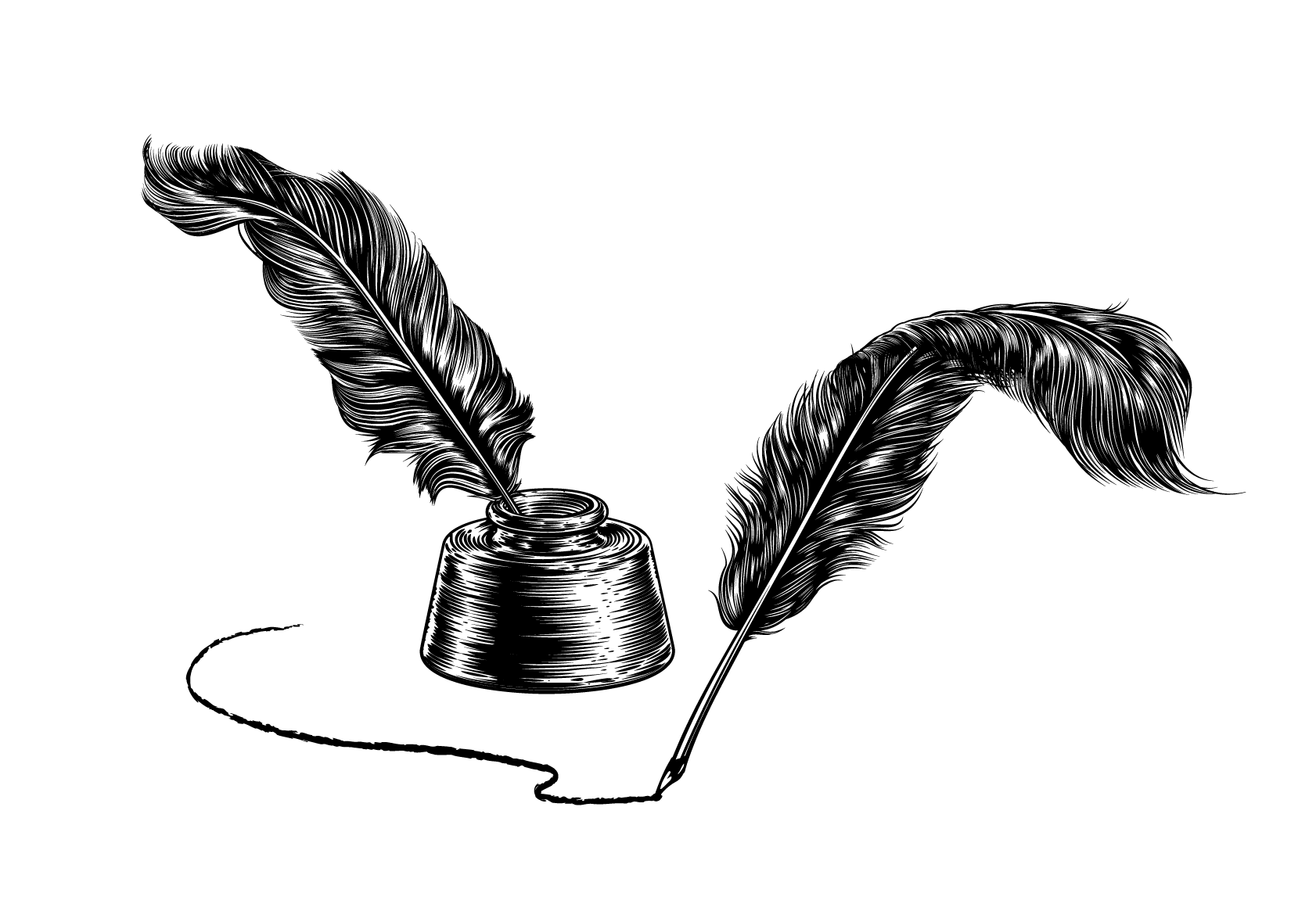 An old feather quill pen writing and sitting in it’s ink well.