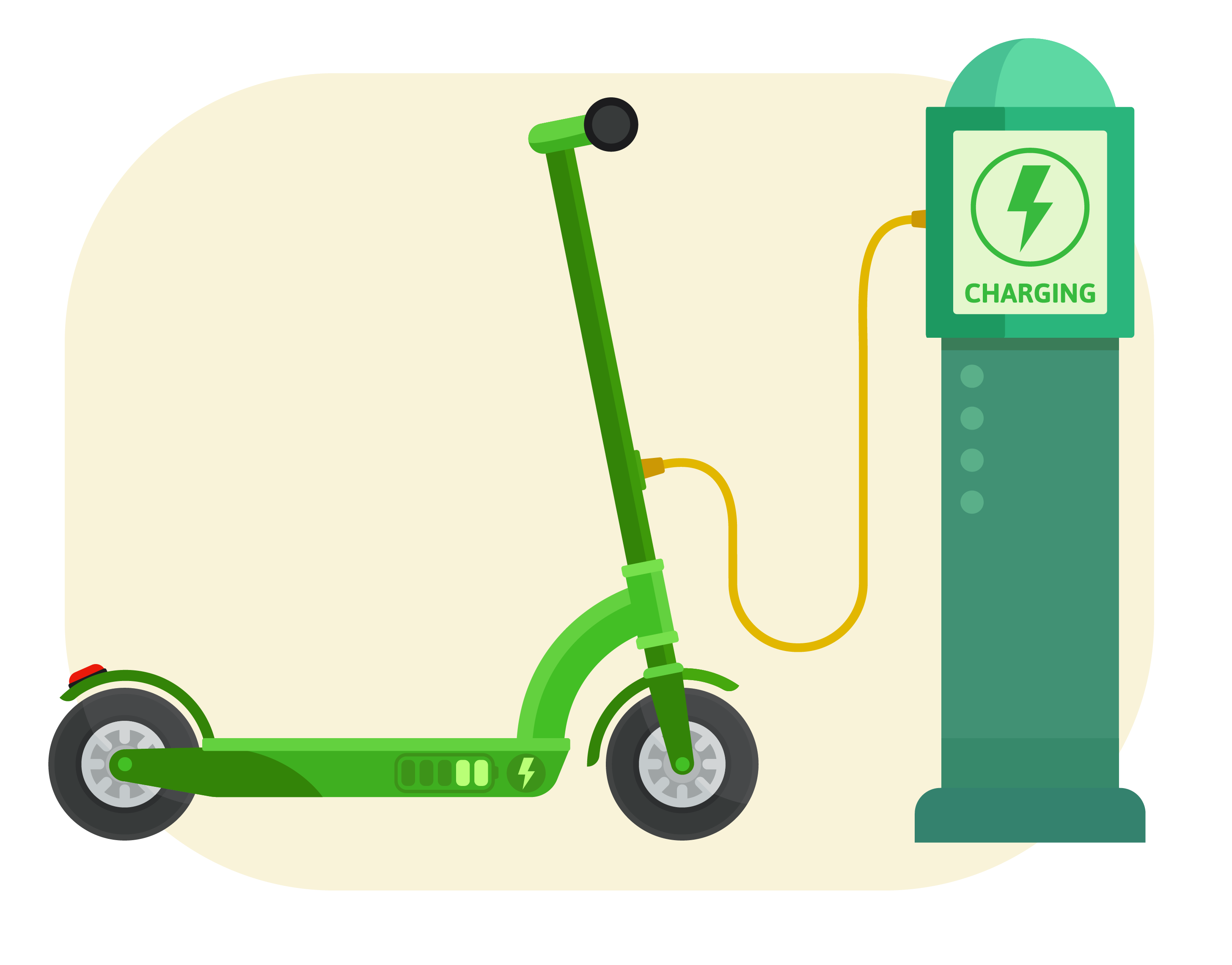 An electric scooter at a charge station.