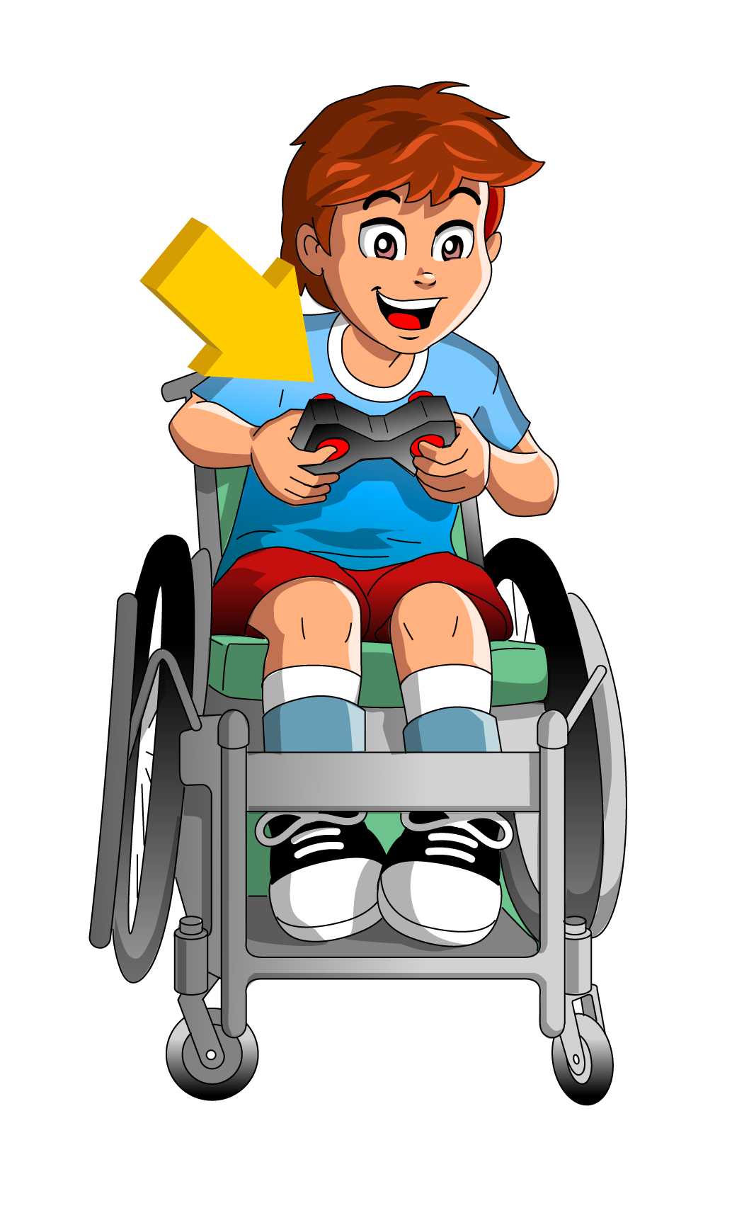 A kid in a wheelchair playing a video game.