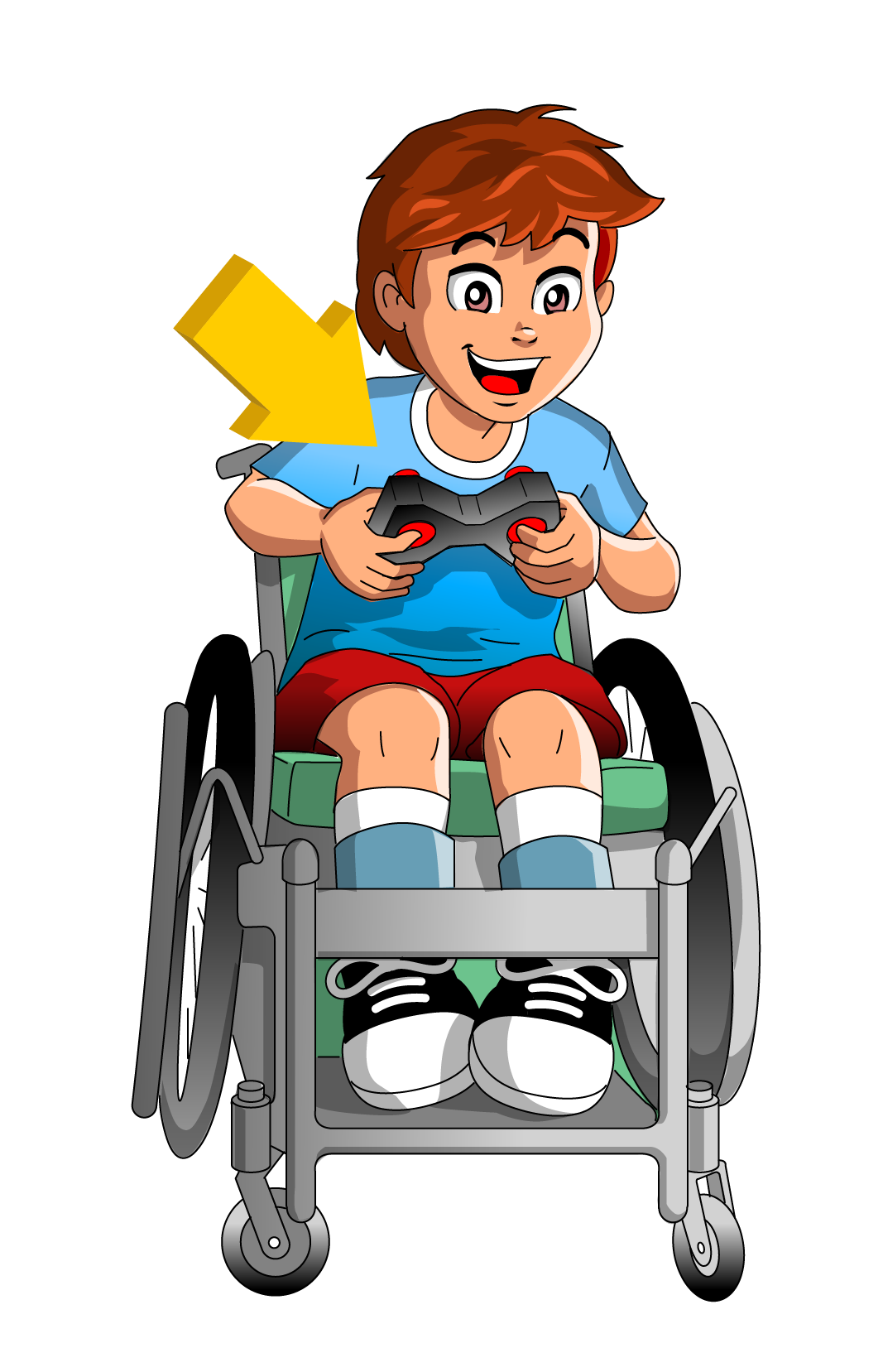 A kid in a wheelchair playing a video game.