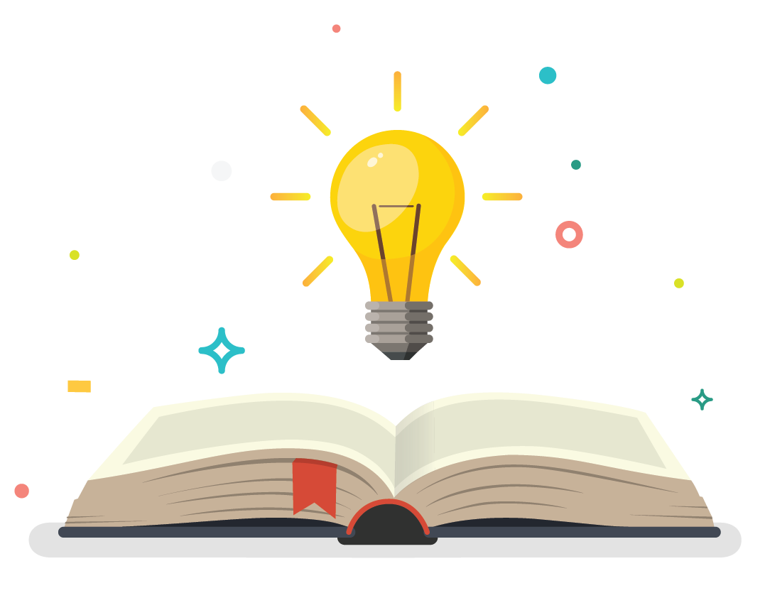 cartoon lightbulb over an open book.