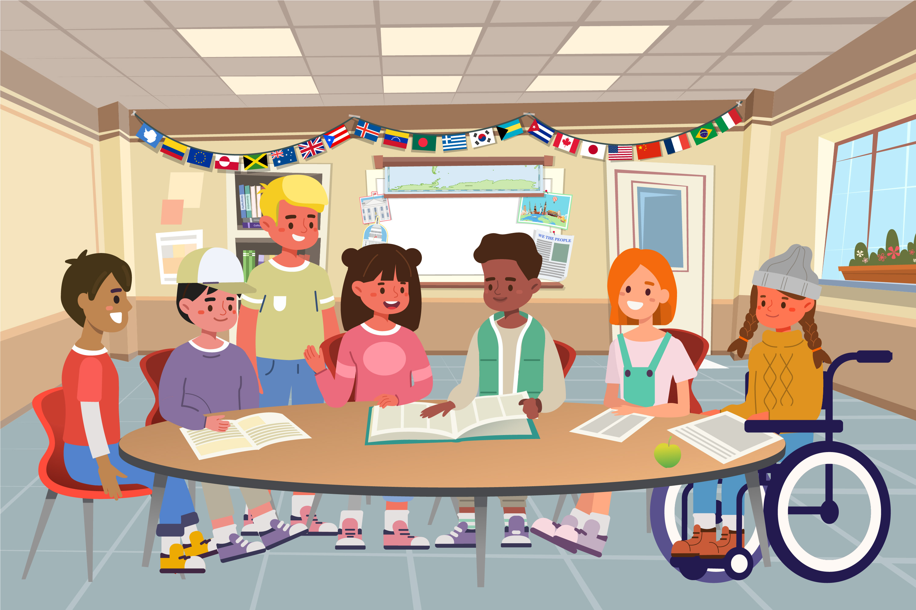 Group of Kids around a table working on an assignment.