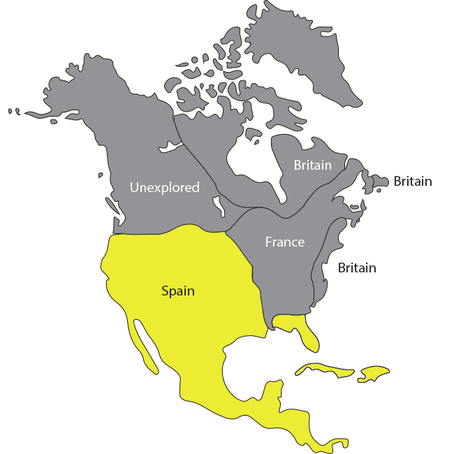 North America with Spanish territories colored yellow.