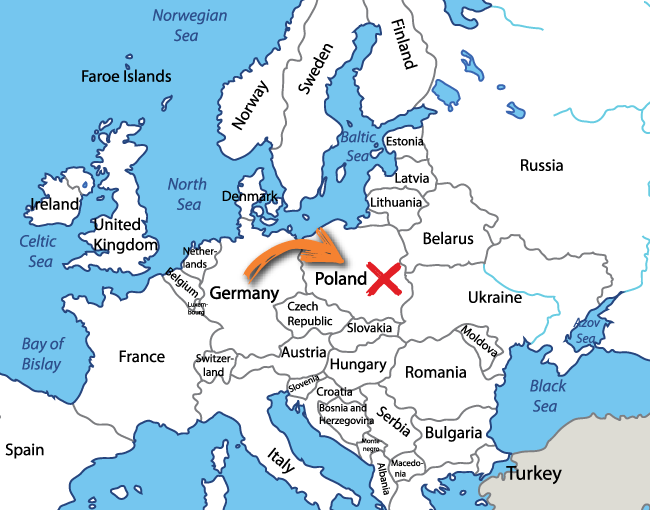 Germany and Poland with an arrow coming from Germany and an 'X' over Poland- to show Germany invaded Poland